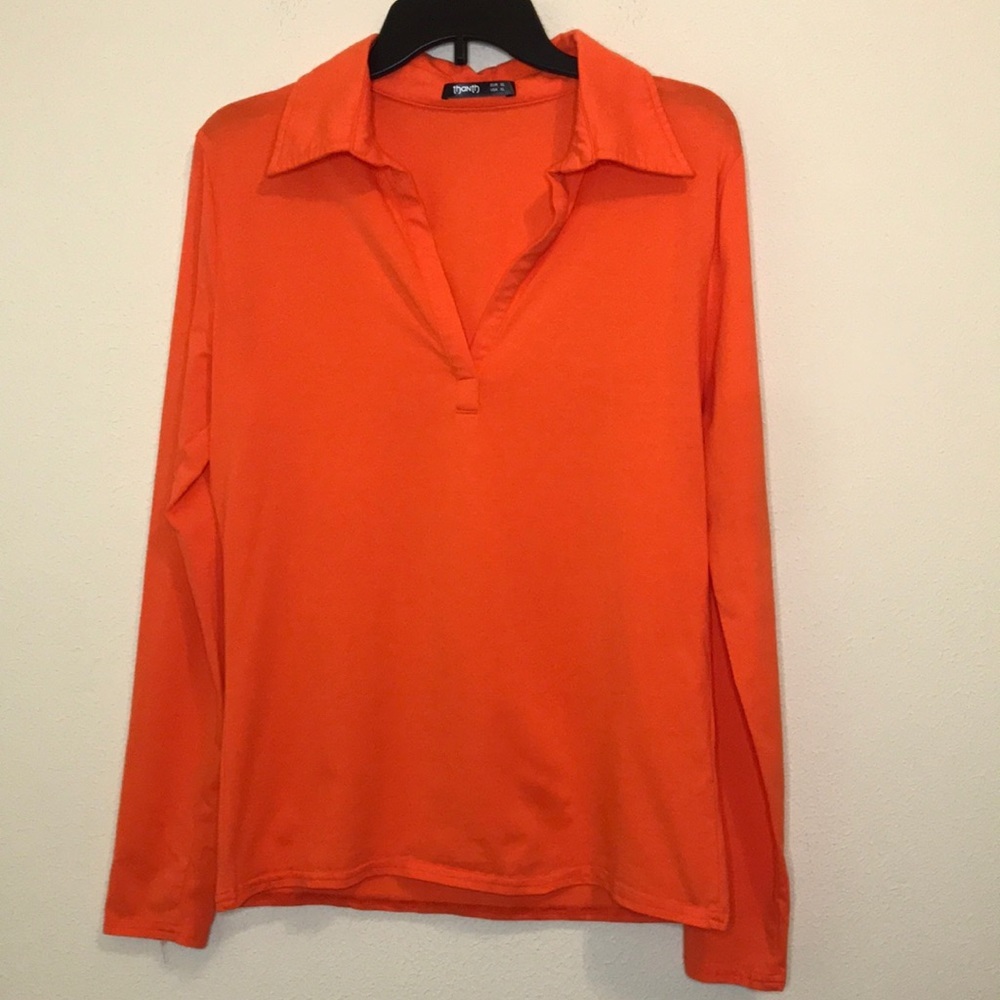 Thanth Orange Plunge V Neck Shirt with Collar